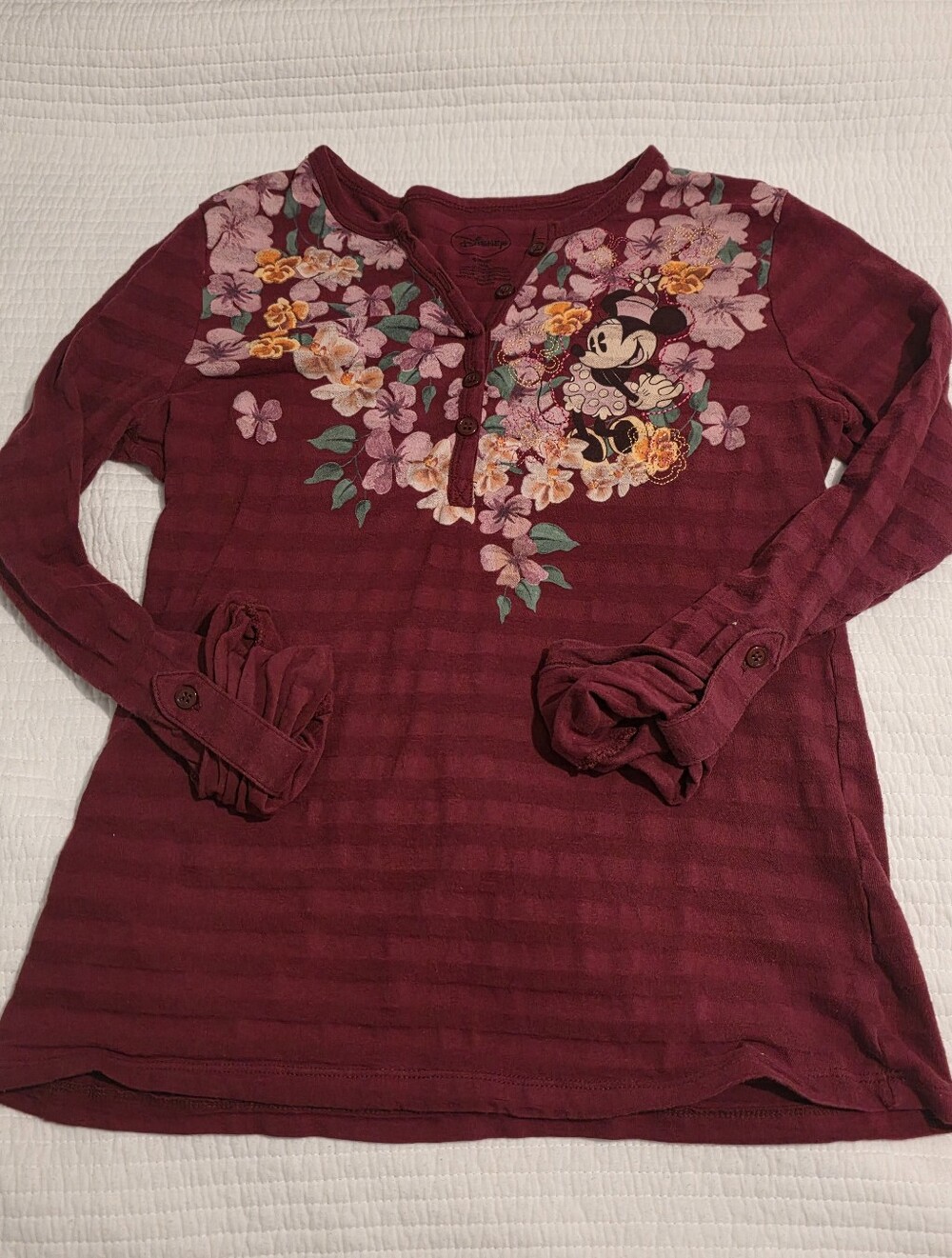 Disney Maroon Minnie Mouse Floral Henley Long Sleeve Top Size M